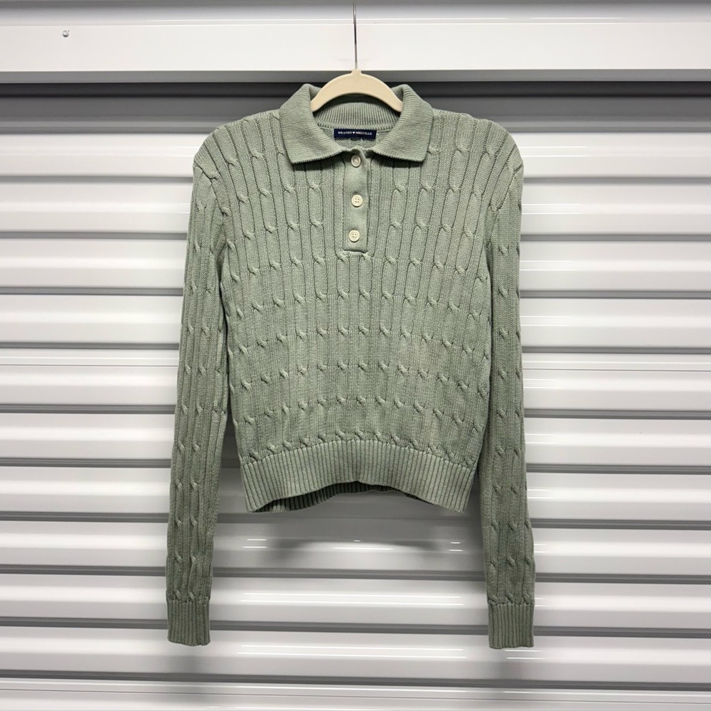 Brandy Melville Sage Green Cotton Knit Collared Sweater
